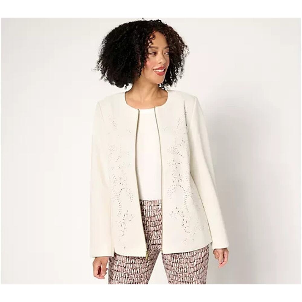 Susan Graver Regular Faux Leather Jacket w/ Laser Detail Cream Petal L A672546